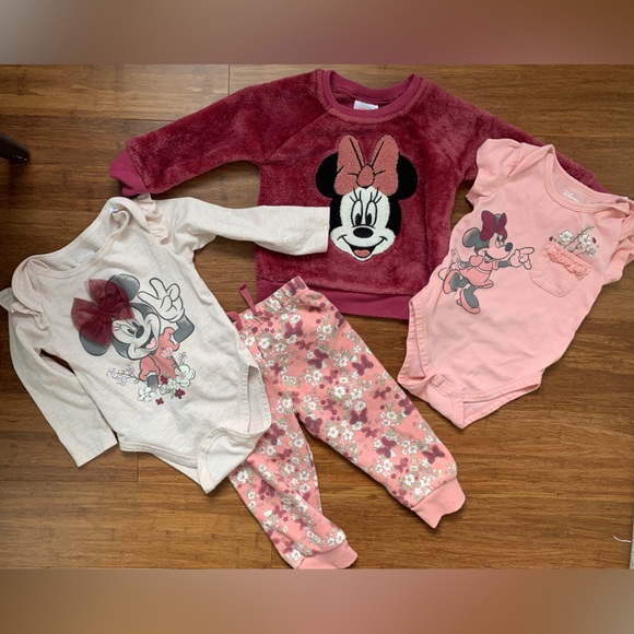 Disney Minnie Mouse bundle. Two onesies, pants, sweater. Pink and white floral - Picture 1 of 7